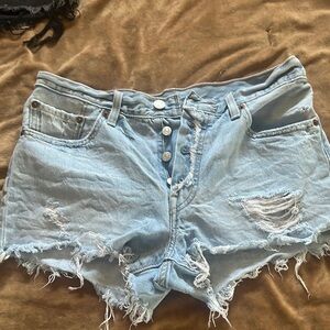 Light Blue Distressed Jean Shorts with Frayed Hem
